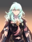  1girl arm_guards armor bangs breasts byleth_(fire_emblem) byleth_(fire_emblem)_(female) cape closed_mouth fire_emblem fire_emblem:_three_houses garreg_mach_monastery_uniform gauntlets glowing glowing_hair green_eyes green_hair hair_between_eyes large_breasts long_hair looking_at_viewer navel navel_cutout preline 