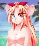  2019 anthro blonde_hair breasts dannyckoo day female hair heterochromia hi_res mammal mouse multicolored_hair murid murine nude outside palm_tree peyton_clar piercing red_hair rodent smile solo tree tresertf two_tone_hair water 