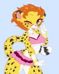  2019 5_fingers anthro barabybones blue_background breasts cheetah clothed clothing digital_media_(artwork) felid feline female fingers hair hi_res mammal nickii orange_hair pussy simple_background smile solo standing 