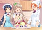  apron bangs birthday blue_eyes blue_hair bow bowtie cake closed_eyes eichisu eyebrows_visible_through_hair food food_on_face fruit green_bow grey_hair hair_between_eyes hair_bow kousaka_honoka long_hair love_live! love_live!_school_idol_project minami_kotori one_eye_closed one_side_up orange_hair otonokizaka_school_uniform red_neckwear school_uniform smile sonoda_umi strawberry striped striped_neckwear tearing_up yellow_eyes 