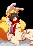  2girls animal_ears annoyed arm_grab black_background black_eyes black_hair blonde_hair bloomers blush bow breasts cape commentary_request fox_ears fox_girl fox_tail hair_bow hair_tubes hakurei_reimu hand_on_another&#039;s_stomach hat kyuubi large_breasts looking_at_another medium_hair mizuga mob_cap molestation multiple_girls multiple_tails navel nipples partially_undressed red_cape simple_background tail tears touhou underwear undressing_another wavy_mouth yakumo_ran yellow_eyes yuri 
