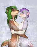  breasts brown_fur domestic_ferret duo embarrassed eris_(character) female female/female fur green_hair grey_fur hair hi_res invalid_tag les_(character) mammal murid murine mustela mustelid musteline purple_hair rat rodent shy simple_background spa stoat tiger_blueberry wet wet_hair 