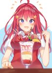  +_+ 1girl bangs blue_background blurry blurry_foreground blush breasts collared_shirt depth_of_field drooling eyebrows_visible_through_hair food fruit go-toubun_no_hanayome hair_between_eyes hair_intakes hair_ornament highres holding holding_spoon large_breasts long_hair looking_at_viewer mizuki_ryuu mouth_drool nakano_itsuki notice_lines parfait purple_eyes red_hair shirt short_sleeves solo spoon star star_hair_ornament strawberry sweater_vest two-tone_background very_long_hair wafer_stick white_background white_shirt 