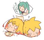  1boy 2girls :i afterimage aqua_hair barefoot blonde_hair bloomers blush_stickers bow chibi commentary_request crying dripping hair_bow hair_ornament hairclip kagamine_len kagamine_rin kicking kitsune_no_ko lying multiple_girls o_o on_back on_stomach outstretched_arms pout shared_thought_bubble short_hair simple_background sleeveless tantrum thought_bubble translation_request underwear vocaloid waving_arms white_background 