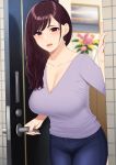  1girl bangs blush breasts brown_eyes brown_hair cleavage collarbone denim earrings grey_shirt gyouza_teishoku highres jeans jewelry large_breasts long_hair long_sleeves looking_at_viewer mature open_mouth original pants parted_lips shirt smile solo swept_bangs v-neck 