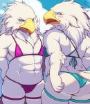  2019 abs ambiguous_gender anthro avian beak biceps big_butt bikini bird blue_eyes blush bra butt clothed clothing digital_media_(artwork) digital_painting_(artwork) duo feathers fingers fur girly hair hi_res japanese kemono korosuke korosuke556 looking_at_viewer looking_back muscular open_mouth pecs pose simple_background skimpy standing swimwear tail_feathers thick_thighs thong tongue underwear white_feathers white_fur 