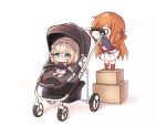  2girls alternate_costume aqua_eyes blonde_hair blue_jacket box brown_hair cardboard_box chibi g36_(girls_frontline) girls_frontline glasses highres honyang jacket long_hair m1903_springfield_(girls_frontline) maid maid_headdress multiple_girls no_shoes on_box shirt short_hair stroller white_background white_legwear white_shirt 