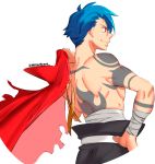  1boy absurdres artist_name asymmetrical_bangs back bangs blue_hair closed_mouth from_behind hand_on_hip highres holding holding_jacket jacket kamina male_focus millerbrave muscle pants red_eyes red_jacket signature simple_background smile solo tattoo tengen_toppa_gurren_lagann twitter_username white_background 