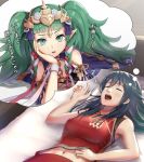  2girls alternate_costume bed black_hair byleth_(fire_emblem) byleth_(fire_emblem)_(female) dreaming drooling fire_emblem fire_emblem:_three_houses gonzarez green_eyes green_hair head_on_hand long_hair looking_at_viewer lying multiple_girls navel on_stomach open_mouth pointy_ears sleeping sothis_(fire_emblem) translated twintails very_long_hair 