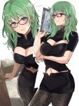  1girl absurdres bangs black_shirt black_skirt blue_eyes blush breasts byleth_(fire_emblem) byleth_(fire_emblem)_(female) cleavage cleavage_cutout clipboard closed_mouth fire_emblem fire_emblem:_three_houses glasses green_eyes hair_between_eyes highres large_breasts long_hair looking_at_viewer midriff multiple_views navel ormille pantyhose pencil_skirt shirt short_sleeves skirt smile thighs white_background 
