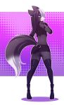  2015 anthro armwear biped butt clothed clothing crop_top crossdressing digital_media_(artwork) girly hair hi_res legwear long_hair long_tail looking_at_viewer male mammal panties purple_eyes re-sublimity-kun shirt simple_background smile solo standing stockings thigh_highs tongue topwear underwear 