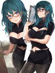  1girl absurdres bangs black_shirt black_skirt blue_eyes blue_hair blush breasts byleth_(fire_emblem) byleth_(fire_emblem)_(female) cleavage cleavage_cutout clipboard closed_mouth fire_emblem fire_emblem:_three_houses glasses hair_between_eyes highres large_breasts long_hair looking_at_viewer midriff multiple_views navel ormille pantyhose pencil_skirt shirt short_sleeves skirt smile thighs white_background 