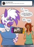  2019 amber_eyes anthro ask_blog blue_eyes breasts brown_hair cleavage clothed clothing conditional_dnp dialogue diamond_(kadath) digital_media_(artwork) duo ear_piercing english_text equid equine female giraffe giraffid hair holding_object kadath looking_at_viewer mammal multicolored_hair nintendo nintendo_switch open_mouth panzer_dragoon patreon piercing puzzle_(kadath) speech_bubble talking_to_viewer text two_tone_hair url video_games zebra 