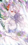  1girl akilen bare_shoulders blurry blurry_background bonnet copyright_request day dress flower hair_flower hair_ornament highres jewelry light_smile long_hair official_art pale_skin red_eyes ring short_sleeves silver_hair sitting solo tree very_long_hair white_dress 