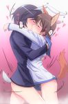  2girls absurdres animal_ears brave_witches brown_hair bunny_ears bunny_tail closed_eyes commentary dog_ears dog_tail dress gradient gradient_background hair_flaps heart highres hug kiss miyafuji_yoshika motion_lines multiple_girls panties pink_background rafale1008 sailor_dress shimohara_sadako short_hair simple_background speech_bubble strike_witches tail thighs translation_request underwear white_background world_witches_series yuri 