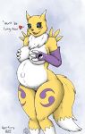  2017 anthro big_breasts black_nose black_sclera blue_eyes breasts canid canine covering covering_breasts dialogue digimon digimon_(species) english_text female fur geckoguy123456789 gyro-furry hi_res mammal navel neck_tuft open_mouth pregnant renamon solo text tuft white_belly white_fur yellow_fur 