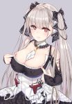  1girl azur_lane bangs between_breasts black_dress blush breasts cleavage collarbone dress earrings formidable_(azur_lane) frilled_dress frills grey_background grey_hair hair_ribbon highres jewelry large_breasts long_hair looking_at_viewer mukatsukulsp red_eyes revision ribbon simple_background smile solo twintails two-tone_dress two-tone_ribbon 