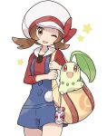  1girl ;d bag blush bow breasts brown_eyes brown_hair chikorita cowboy_shot ddak5843 gen_2_pokemon hat hat_bow highres kotone_(pokemon) long_sleeves looking_at_viewer one_eye_closed open_mouth overall_shorts poke_ball_symbol pokemon pokemon_(creature) pokemon_(game) pokemon_hgss red_bow red_skirt shoulder_bag simple_background skirt small_breasts smile star white_background white_headwear 