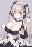  1girl azur_lane bangs between_breasts black_dress blush breasts cleavage collarbone dress earrings formidable_(azur_lane) frilled_dress frills grey_background grey_hair hair_ribbon highres jewelry large_breasts long_hair looking_at_viewer mukatsukulsp red_eyes ribbon simple_background smile solo twintails two-tone_dress two-tone_ribbon 