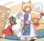  3girls animal_ears blonde_hair bow bowl brown_eyes brown_hair cat_ears cat_tail chen cleaning commentary dress dust_cloud duster fox_ears fox_tail frills gap green_headwear highres long_sleeves multiple_girls multiple_tails nikori open_mouth red_bow red_skirt red_vest rice rice_bowl shaking_head shirt short_hair skirt speech_bubble sweatdrop tabard tail touhou two_tails vacuum_cleaner vest white_dress white_legwear white_shirt yakumo_ran yakumo_yukari 
