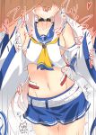  1girl absurdres ayanami_(azur_lane) azur_lane belt blush breasts collar collarbone cum cum_in_mouth detached_sleeves fellatio groin highres inori_(xyz5568) medium_breasts midriff motion_lines navel oral penis simple_background solo_focus white_background 