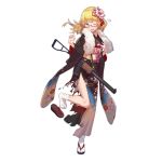  1girl alternate_costume as_val as_val_(girls_frontline) assault_rifle blonde_hair blue_eyes fangdan_runiu floral_print flower fur_collar girls_frontline glasses gun hair_flower hair_ornament japanese_clothes kimono long_hair official_art one_eye_closed rifle sandals shoes_removed socks solo tabi torn_clothes torn_kimono transparent_background weapon 