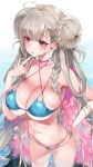  1girl ahoge azur_lane bangs bare_arms bare_shoulders bikini bikini_tan blue_bikini blush braid braided_bun breasts choker collarbone commentary cowboy_shot criss-cross_halter double_bun eyebrows_visible_through_hair feather_boa finger_to_chin formidable_(azur_lane) formidable_(the_lady_of_the_beach)_(azur_lane) gradient gradient_background groin hair_between_eyes halterneck hand_up highres large_breasts long_hair mirei navel parted_lips pink_choker red_eyes silver_hair single_thighhigh solo standing stomach swimsuit tan tanline thighhighs thighs twin_braids twintails very_long_hair water white_background white_legwear 
