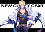 1boy bangs belt black_pants black_shirt blonde_hair blue_eyes blue_gloves closed_mouth collarbone commentary copyright_name cowboy_shot gloves guilty_gear guilty_gear_2020 hair_between_eyes highres holding holding_weapon holster jacket jacket_on_shoulders ky_kiske letterboxed long_sleeves looking_at_viewer male_focus ogata_tomio pants partly_fingerless_gloves pectorals shirt simple_background solo weapon white_background white_jacket 