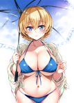  1girl aburidashi_zakuro bangs bikini blonde_hair blue_bikini blue_eyes blush braid breasts cleavage collarbone darjeeling eyebrows_visible_through_hair frilled_umbrella front-tie_top girls_und_panzer holding holding_umbrella large_breasts looking_at_viewer short_hair smile solo swimsuit twin_braids umbrella 