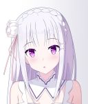  1girl :o blush braid emilia_(re:zero) flower hair_flower hair_ornament long_hair looking_at_viewer nagisa_(cxcx5235) pointy_ears purple_eyes re:zero_kara_hajimeru_isekai_seikatsu ribbon silver_hair solo x_hair_ornament 