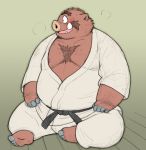  2019 anthro blush clothed clothing male mammal moobs nipples overweight overweight_male simple_background sitting solo suid suina sus_(pig) wantaro wild_boar 