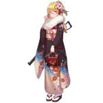  1girl alternate_costume as_val as_val_(girls_frontline) assault_rifle bag blonde_hair blue_eyes commentary_request fangdan_runiu floral_print flower fur_collar girls_frontline glasses gun hair_flower hair_ornament handbag japanese_clothes kimono official_art rifle sandals socks solo transparent_background weapon 