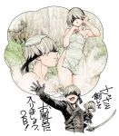  1boy 2girls black_gloves black_jacket blindfold gloves grey_hair hairband highres holding holding_sword holding_weapon imagining jacket katana long_hair looking_at_another mole moose multiple_girls nier_(series) nier_automata onsen open_mouth outdoors parted_lips riding shinya_komi short_hair sword towel towel_on_head translation_request weapon white_background yorha_no._2_type_b yorha_no._9_type_s yorha_type_a_no._2 