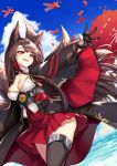  1girl aircraft airplane akagi_(azur_lane) animal_ears azur_lane black_gloves black_legwear breasts brown_hair chrysanthemum cleavage cloud cloudy_sky cowboy_shot day eyebrows_visible_through_hair flower fox_ears fox_tail gloves haori japanese_clothes kaorihero long_hair long_sleeves medium_breasts miniskirt multiple_tails obi ocean open_mouth outdoors outstretched_hand pleated_skirt red_eyes red_skirt sash sidelocks single_thighhigh skirt sky solo straight_hair tail thighhighs thighs wide_sleeves zettai_ryouiki 