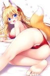  1girl :d animal_ear_fluff animal_ears ass bangs bare_legs bare_shoulders barefoot bikini blonde_hair blue_eyes blush breasts commentary_request covered_nipples eyebrows_visible_through_hair fang fox fox_ears fox_girl fox_tail hair_between_eyes hair_ornament hair_ribbon halterneck highres large_breasts long_hair looking_at_viewer lying on_side open_mouth original partially_visible_vulva ribbon sasai_saji simple_background skindentation smile solo string_bikini swimsuit tail tress_ribbon white_background 