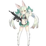  1girl :q animal_ear_fluff animal_ears arm_up art556_(girls_frontline) assault_rifle bangs black_bikini_top blush boots bow brown_eyes closed_mouth collared_shirt commentary crop_top eyebrows_visible_through_hair flat_chest full_body girls_frontline gloves green_bow green_hair green_neckwear green_ribbon green_skirt gun hair_between_eyes hair_bow hair_ribbon hand_up holding holding_gun holding_weapon long_hair looking_at_viewer microskirt midriff navel neck_ribbon object_namesake official_art over-kneehighs pleated_skirt ribbon rifle saru shadow shiny shiny_hair shirt skirt sleeveless smile solo standing suspender_skirt suspenders taurus_art556 thigh_boots thighhighs tongue tongue_out transparent_background twintails weapon white_footwear white_gloves white_legwear white_shirt 