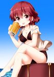  1girl :p adapted_costume bangs bare_legs barefoot beer_mug bikini black_bikini blue_background blush breasts cleavage collarbone commentary_request crossed_legs cup drum eyebrows_visible_through_hair feet_out_of_frame gradient gradient_background hair_between_eyes hand_up highres holding holding_cup horikawa_raiko instrument looking_at_viewer medium_breasts open_clothes open_shirt plaid plaid_bikini red_eyes red_hair ruu_(tksymkw) short_hair short_sleeves sidelocks sitting smile solo swimsuit thighs tongue tongue_out touhou water 