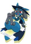  2019 absurd_res ambiguous_gender bib black_fur blue_fur blush bodily_fluids cape chest_spike clothing diaper fangs fur furgonomics genital_fluids hand_spike hat headgear headwear hi_res hindpaw legs_raised lucario mammal nintendo nyanyakotarou open_diaper open_mouth pawpads paws pink_pawpads pok&eacute;mon pok&eacute;mon_(species) red_eyes simple_background sitting tears tongue urine video_games wet_diaper wetting 