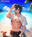  1boy abs absurdres animal animal_ears bare_arms beach belt bird black_hair cat_ears cat_tail chest collarbone collared_shirt copyright_name day eyelashes eyewear_on_head fang final_fantasy final_fantasy_xiv groin hair_between_eyes hajun_(hey_sangha) hand_in_pocket hand_on_eyewear hand_up highres jewelry looking_at_viewer male_focus messy_hair miqo&#039;te multicolored_hair navel nipples ocean open_clothes open_mouth open_shirt outdoors pectorals pendant pocket red_eyes seagull seal shirt short_hair short_sleeves shorts solo stomach sunglasses sweat tail toned two-tone_hair upper_body water watermark web_address wet wet_clothes wet_shirt white_hair white_shirt wing_collar 