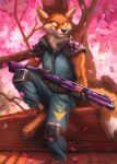  2019 4_toes 5_fingers anthro barefoot belt black_nose canid canine claws clothed clothing detailed_background digital_media_(artwork) digitigrade epic_games fennix_(fortnite) fingerless_gloves fingers flower fortnite fox fur gloves glowing glowing_eyes handwear hi_res holding_gun holding_object holding_weapon kenket male mammal multicolored_fur orange_fur petals plant red_fox smile solo toe_claws toes tree two_tone_fur video_games weapon whiskers zipper 