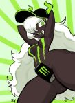  absurd_res anthro beverage black_skin breasts clothing demon digital_media_(artwork) energy_drink female fingers green_eyes hair hat headgear headwear hi_res horn humanoid humanoid_pointy_ears iseenudepeople long_hair looking_at_viewer monster-chan monster_energy open_mouth sharp_teeth solo teeth white_hair 