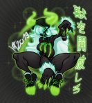  anthro beverage black_skin breasts clothing demon digital_media_(artwork) energy_drink female fingers green_eyes hair hat headgear headwear hi_res horn humanoid humanoid_pointy_ears inoblit long_hair looking_at_viewer monster-chan monster_energy open_mouth sharp_teeth smile solo teeth tongue white_hair 