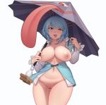  1girl :p bangs blue_eyes blue_hair blue_vest blush breasts collarbone commentary cowboy_shot english_commentary eyebrows_visible_through_hair groin hair_between_eyes hand_up heterochromia highres holding holding_umbrella large_breasts long_sleeves looking_at_viewer mochi_(chain_csn) navel nipples open_clothes open_shirt purple_umbrella pussy red_eyes shirt short_hair simple_background smile solo standing tatara_kogasa thick_thighs thighs tongue tongue_out touhou umbrella vest white_background white_shirt 