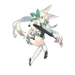  &gt;:) 1girl :p animal_ear_fluff animal_ears art556_(girls_frontline) ass assault_rifle bangs black_panties blush boots bow brown_eyes closed_mouth commentary eyebrows_visible_through_hair floating_hair from_behind girls_frontline gloves green_bow green_hair green_ribbon gun hair_between_eyes hair_bow hair_ribbon high_heel_boots high_heels holding holding_gun holding_weapon knees_together_feet_apart long_hair looking_at_viewer looking_back object_namesake official_art over-kneehighs panties ribbon rifle saru shadow shiny shiny_hair smile solo taurus_art556 thigh_boots thighhighs thighs tongue tongue_out torn_clothes torn_legwear transparent_background trigger_discipline twintails underwear v-shaped_eyebrows weapon white_gloves white_legwear 