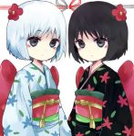  2girls black_eyes black_hair black_kimono blue_hair blue_kimono blush closed_mouth commentary_request floral_print flower hair_flower hair_ornament highres hoozuki_no_reitetsu ichiko_(hoozuki_no_reitetsu) japanese_clothes kimono long_sleeves looking_at_viewer multiple_girls niko_(hoozuki_no_reitetsu) obi print_kimono red_flower sash short_sleeves simple_background tsukiyo_(skymint) white_background zashiki-warashi 