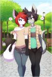  &lt;3 2015 anthro black_hair blue_eyes blush canid canine clothed clothing detailed_background digital_media_(artwork) dipstick_tail duo eye_contact fox fur girly grey_fur hair looking_at_another male mammal multicolored_tail one_eye_closed open_mouth re-sublimity-kun red_hair romantic smile wink 