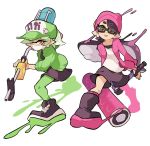  +_+ 2girls :p aori_(splatoon) baseball_cap beanie black-framed_eyewear black_dress black_footwear black_hair black_skirt boots brown_eyes closed_mouth commentary cousins cross-laced_footwear domino_mask dress e-liter_4k_(splatoon) earrings english_commentary eyebrows_visible_through_hair green_headwear green_jacket green_legwear grey_hair hat head_tilt holding holding_weapon hotaru_(splatoon) inkling_(language) jacket jewelry long_hair long_sleeves looking_at_viewer mask miniskirt mole mole_under_eye multiple_girls object_on_head open_clothes open_jacket paint_splatter pantyhose pointy_ears print_hat purple_headwear purple_jacket purple_legwear shirt shoes short_dress short_hair simple_background skirt skull smile sneakers socks splat_roller_(splatoon) splatoon_(series) splatoon_2 squidbeak_splatoon standing sunglasses surgical_mask tentacle_hair tongue tongue_out weapon white_background white_shirt wong_ying_chee 