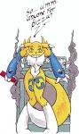  3_fingers anthro armwear blue_eyes breasts bridal_gauntlets canid canine clothing cooking dialogue digimon digimon_(species) english_text female fingers grin mammal mostly_nude navel neck_tuft rena_benden rena_tamer renamon smile smoke solo text tuft 