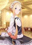  1girl abigail_williams_(fate/grand_order) alternate_costume black_skirt blonde_hair blue_eyes blush braid breasts dress enmaided fate/grand_order fate_(series) food forehead french_braid frills heroic_spirit_festival_outfit juu_roku_gen keyhole long_hair long_sleeves looking_at_viewer maid maid_headdress skirt sleeves_past_fingers sleeves_past_wrists small_breasts smile solo stuffed_animal stuffed_toy teddy_bear very_long_hair white_dress 