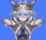  1girl absurdres blue_background cyberpunk cyborg h1p-h0p8888 headgear highres looking_at_viewer mechanical_arm original parted_lips parts_exposed piston robot science_fiction silver_hair solo 